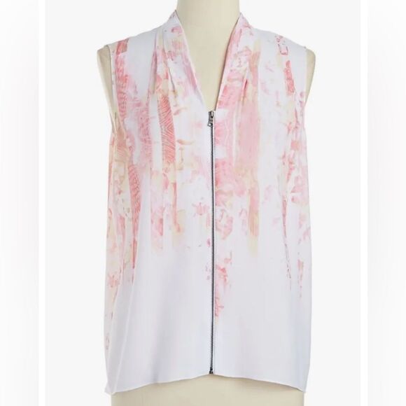 Tahari like new CARLEY Sleeveless Hi-Low Hem Top Tunic Blouse Pink/White M - Picture 1 of 9
